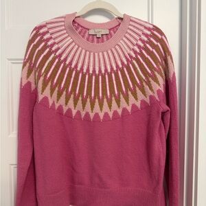 LOFT Women's Pink and Brown Geometric Sweater